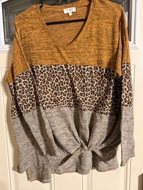 Umgee Mustard Leopard-Trim V-Neck Knot Front Top
